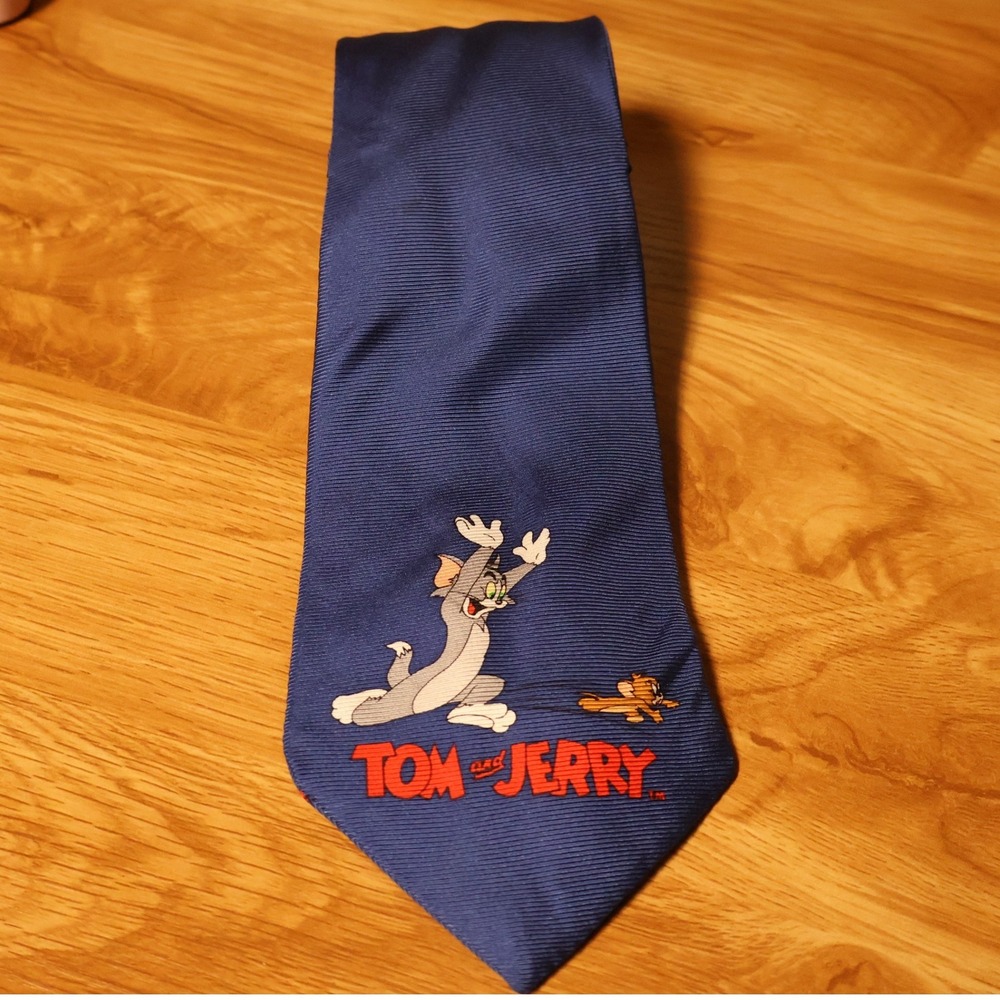 Tom and Jerry Vintage Y2K Silk Necktie Mens Size Blue Cartoon Reversible Novelty